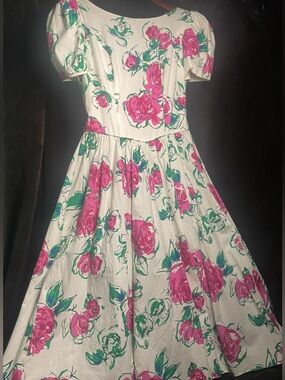 Vintage 1950’s OR 80’s Fit & Flare Dress with Pink Floral Print